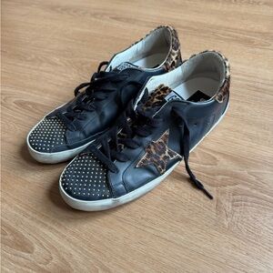 Golden Goose Black Leather & Leopard Detail Gold Stud Detail womens US 9